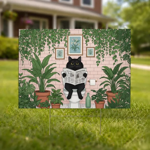Black Cat Reading Newspaper Toilet - Home Decor Gift for Cat Lovers Yard Sign