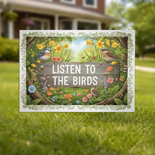 Listen To The Birds Wooden Sign - Spring Wildflower Garden Decor for Bird Watchers Yard Sign
