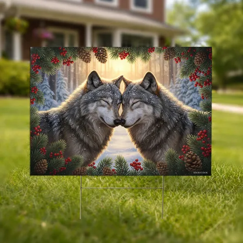 Snowy Gray Wolves Nuzzling Evergreen Berries Forest - Wildlife Lover Holiday Gift Yard Sign