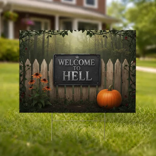 Welcome To Hell Sign Rustic Picket Fence Pumpkin Coneflowers - Autumn Halloween Decor Yard Sign