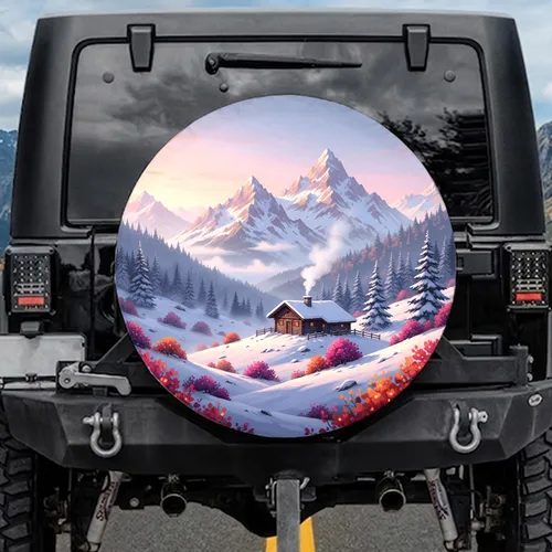 Snowy Cabin Alpine Mountains Pine Trees Flowered Slopes - Travel Essentials Gift Spare Tire Cover