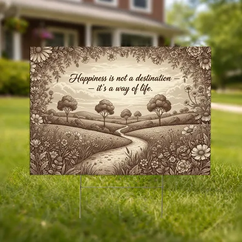 Happiness Quote Vintage Sepia Landscape Path Hills - Inspirational Home Decor Gift Yard Sign