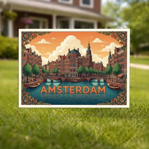 Amsterdam Canal Gable Houses Boats 'AMSTERDAM' - City View Home Decor Gift Yard Sign
