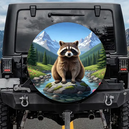 Fluffy Raccoon Mossy Rock Mountain Stream Wildflowers Pine Forests - Wildlife Lover Gift Spare Tire Cover