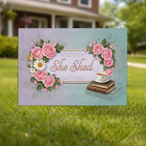 She Shed Floral Garden Rose Gold Plaque - Personal Retreat Home Decor Gift Yard Sign