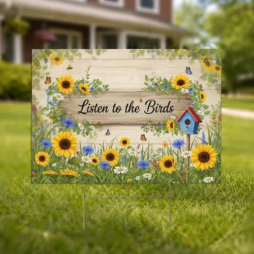 Listen to the Birds Wildflowers Birdhouse - Garden Nature Lover Decor Yard Sign