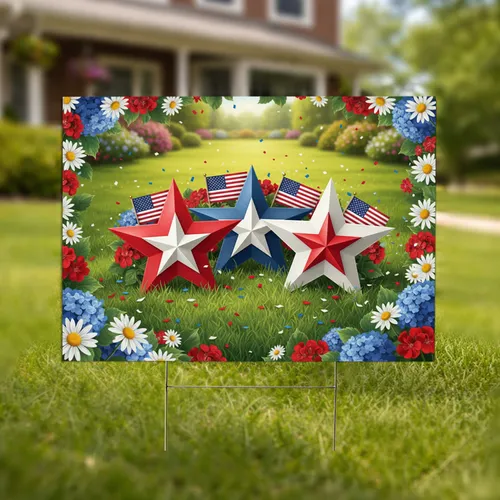 Three Patriotic Stars American Flags Flowers - Independence Day Outdoor Display Yard Sign