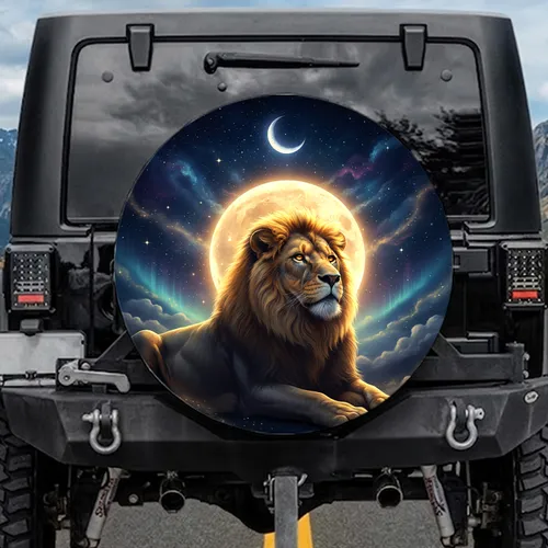 Golden-Maned Lion Celestial Night - Wildlife Lover Vehicle Accessory Spare Tire Cover