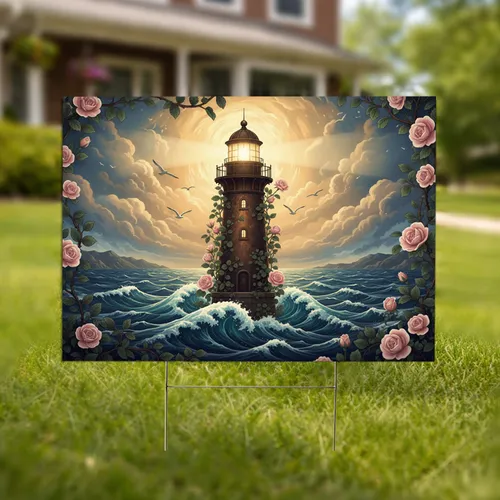 Lighthouse Ocean Waves Rose Vines - Coastal Home Decor Gift for Ocean Lover Yard Sign
