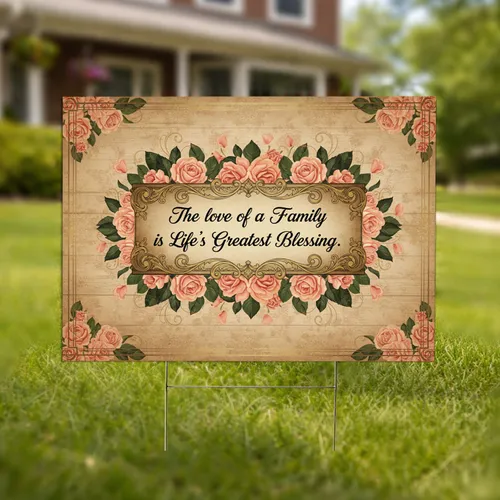 Peach Pink Roses Family Blessing Banner - Home Decor Gift Yard Sign