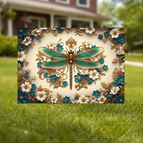 Metallic Gold Dragonfly Teal Green Wings Ornate Floral Foliage - Garden Decor Gift Yard Sign