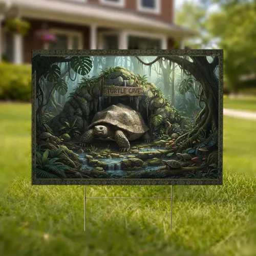 Turtle Cave Realistic Land Turtle Tropical Jungle - Wildlife Lover Home Decor Gift Yard Sign