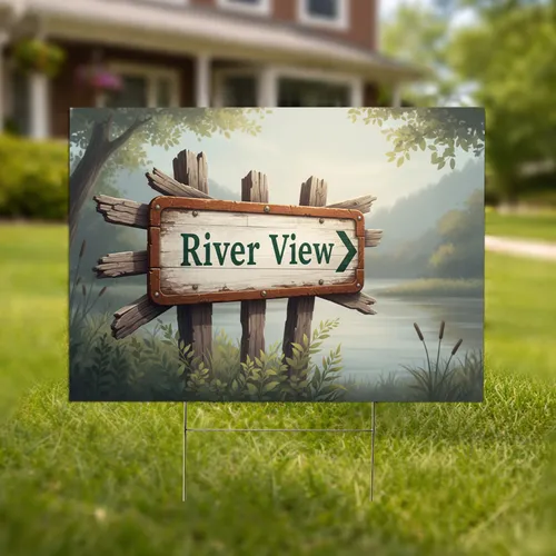 River View Directional Sign Rustic Weathered Wood Outdoor Decor Yard Sign