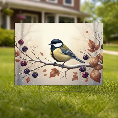 Great Tit Bird Snowy Branch Berries - Winter Decor Gift Yard Sign
