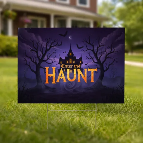 Haunted Mansion Glowing HAUNT Text - Spooky Halloween Night Decor Yard Sign