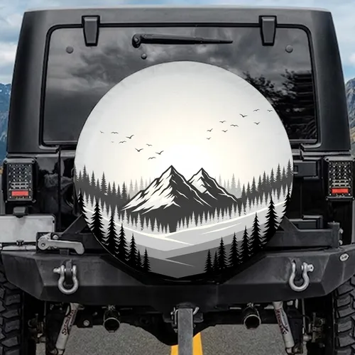 Majestic Mountain Range Sun Pine Trees Birds - Outdoor Adventure Gift Spare Tire Cover