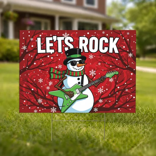 Electric Guitar Snowman Lets Rock Christmas Holiday Celebration Yard Sign