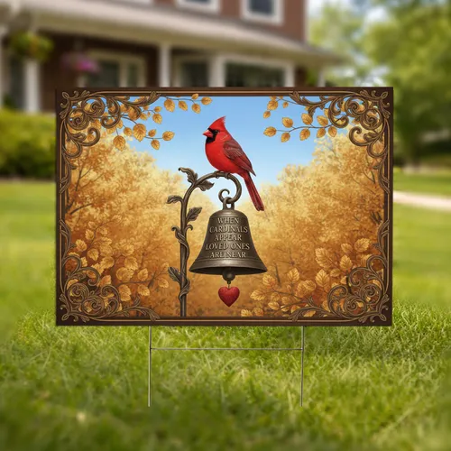 Autumn Forest Cardinal Bird Bronze Bell When Loved Ones Are Near - Remembrance Gift Yard Sign