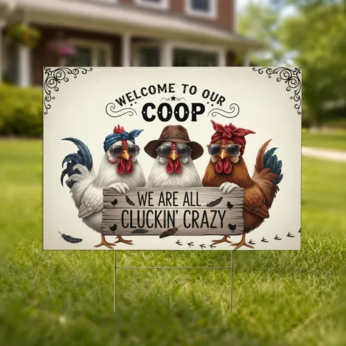 Funny Chicken Sunglasses Headwear Farm Welcome Sign for Coop Living - Farmhouse Decor Gift Yard Sign