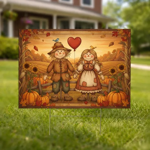 Charming Scarecrow Couple Pumpkins Autumn Sunset - Fall Harvest Decor Yard Sign