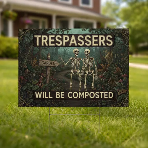 Trespassers Will Be Composted Skeletons Garden Sign - Halloween Garden Decor Yard Sign