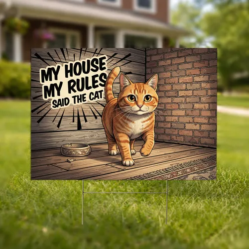 Orange Tabby Cat My House My Rules Sign - Home Decor Gift for Cat Owners Yard Sign