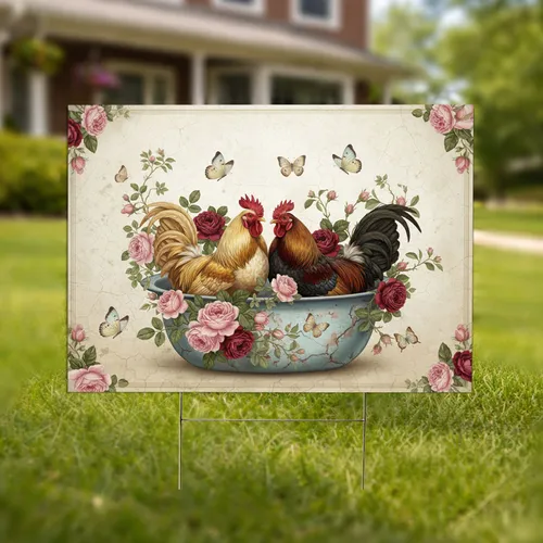 Two Roosters Roses Antique Wash Basin - Farmhouse Decor Gift Yard Sign
