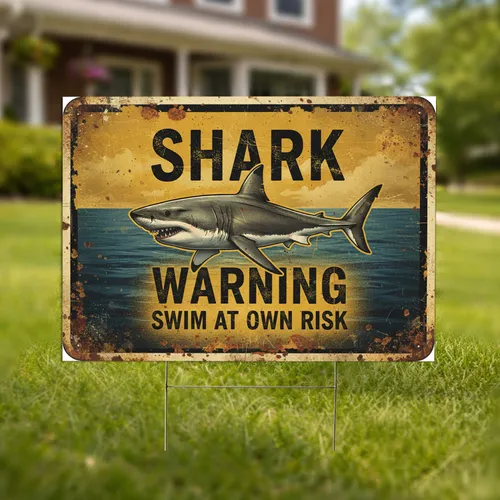Great White Shark Warning Sign - Weathered Ocean Outdoor Decor for Shark Lovers Yard Sign