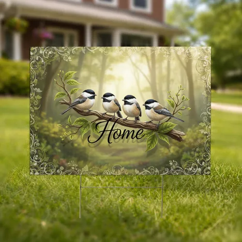 Black-Capped Chickadee Birds 'Home' Script Tree Branch - Home Decor Wildlife Lover Gift Yard Sign