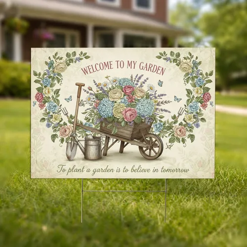 Welcome Garden Wheelbarrow Flowers - Home Decor Gift for Gardeners Yard Sign