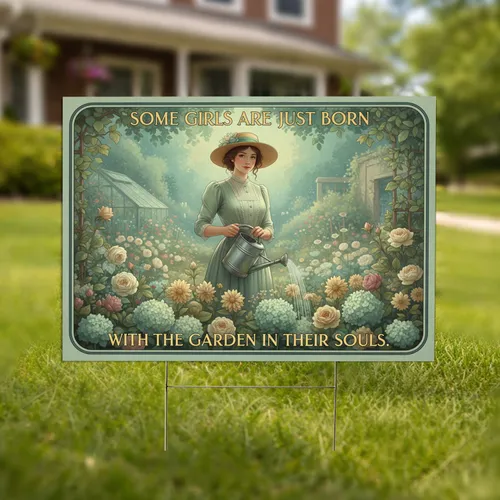 Woman Watering Flowers 'Garden In Their Souls' Quote - Botanical Home Decor Gift Yard Sign