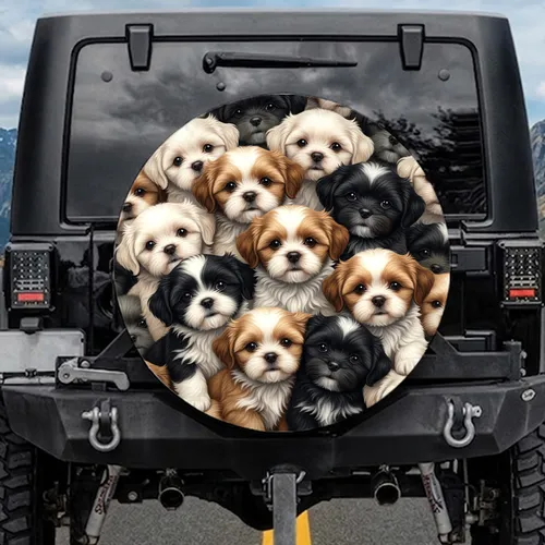 Expressive Shih Tzu Puppies Fluffy Fur Cluster - Pet Lover Outdoor Use Gift Spare Tire Cover