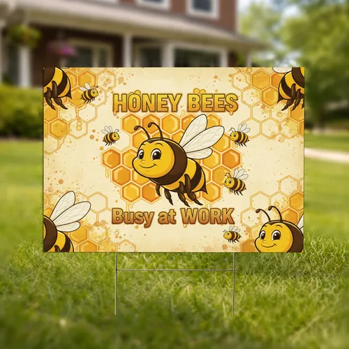 Honey Bees Busy at Work Hexagon Honeycomb - Home Decor Gift Yard Sign