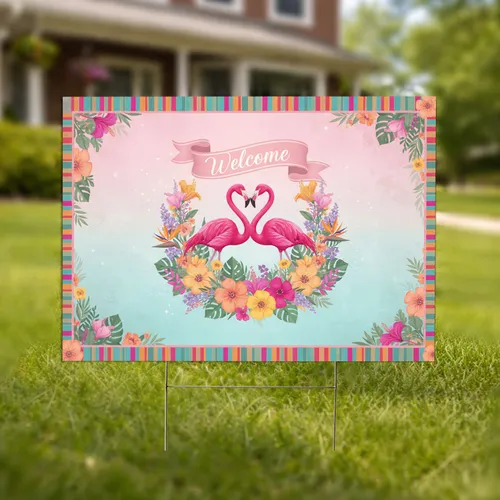 Pink Flamingo Heart Welcome Sign Tropical Floral Garden Decor Gift Yard Sign