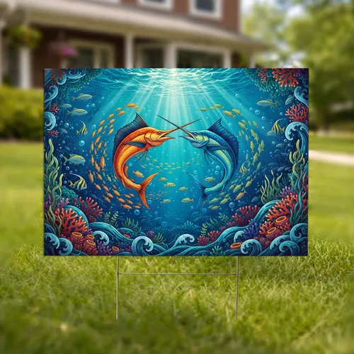 Leaping Marlin Fish Coral Underwater Scene - Marine Life Decor Ocean Lover Gift Yard Sign