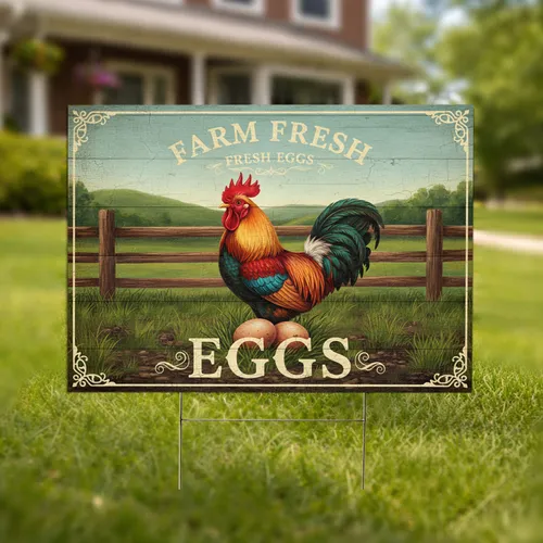Vibrant Rooster Country Farm Fresh Eggs - Farmhouse Decor Gift Yard Sign