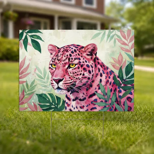 Pink Leopard Head Jungle Leaves - Home Decor Gift for Wildlife Lover Yard Sign
