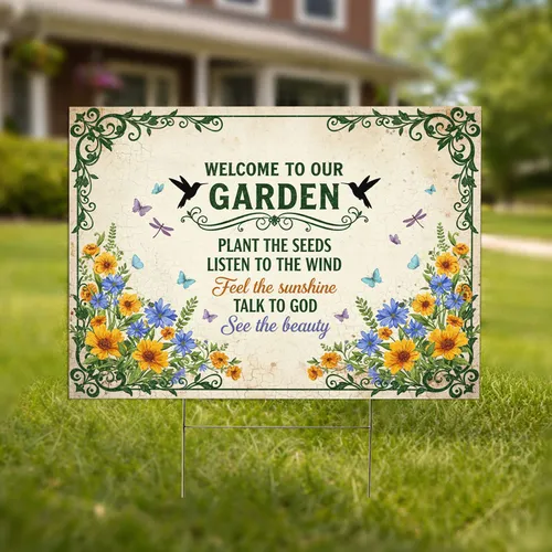 Garden Welcome Hummingbird Wildflower - Home Decor Gift for Garden Lover Yard Sign