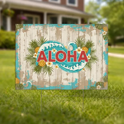 Aloha Wood Ocean Waves Palm Pineapple Hibiscus - Tropical Summer Decor Gift Yard Sign