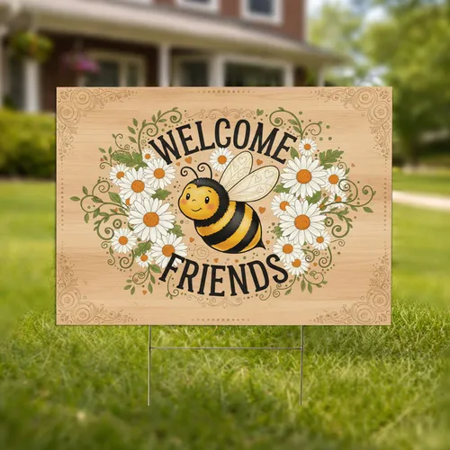 Bumblebee Welcome Friends Daisy Wood - Outdoor Home Decor Gift Yard Sign