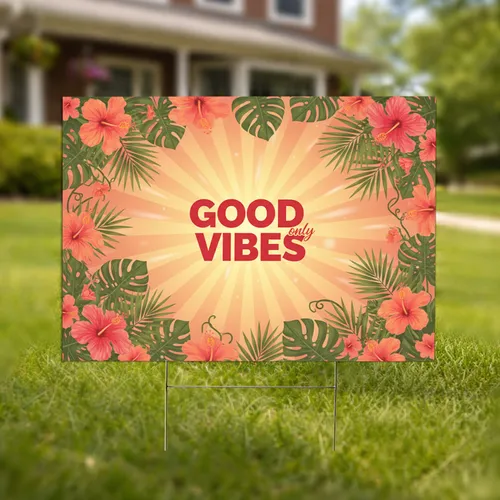 Good Vibes Only Sunburst Tropical Palm Hibiscus - Home Decor Gift Yard Sign