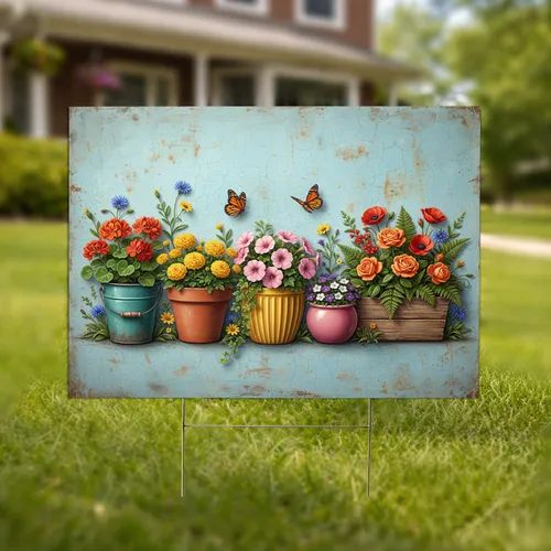 Vibrant Potted Flowers Monarch Butterflies - Rustic Home Decor Gift Yard Sign