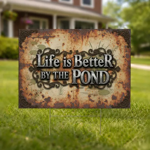 Life Better By Pond Quote Weathered Metal - Home Decor Gift for Pond Owners Yard Sign