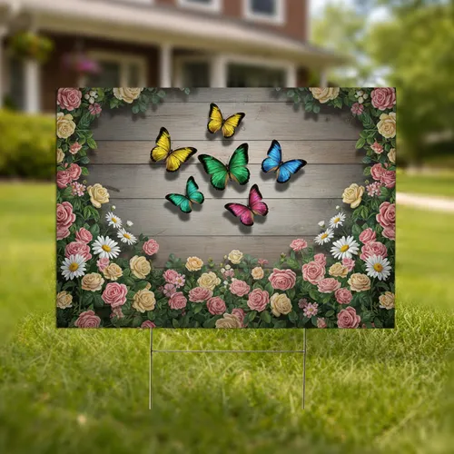 Metallic Butterflies Rose Garden Pink Yellow White Daisies - Garden Lover Outdoor Gift Yard Sign