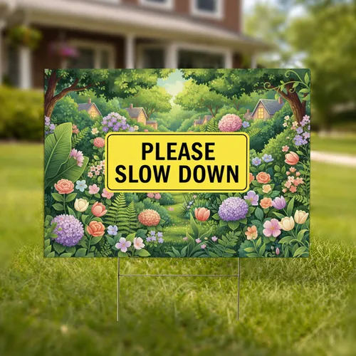 Please Slow Down Sign with Lush Garden Flowers - Neighborhood Street Safety Yard Sign