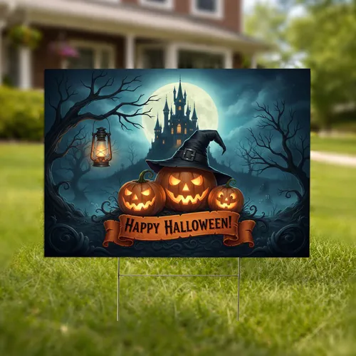 Glowing Jack-o'-lanterns Witch Hat Gothic Castle Full Moon - Halloween Holiday Decor Yard Sign