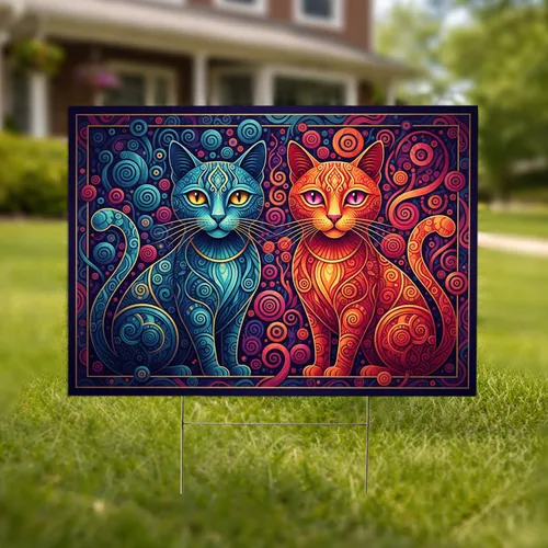 Blue Teal Orange Fuchsia Mosaic Cats Indigo Swirls - Home Decor Gift for Cat Lover Yard Sign