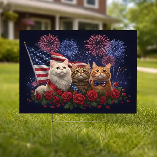 Patriotic Cats American Flag Fireworks - Independence Day Cat Lover Gift Yard Sign