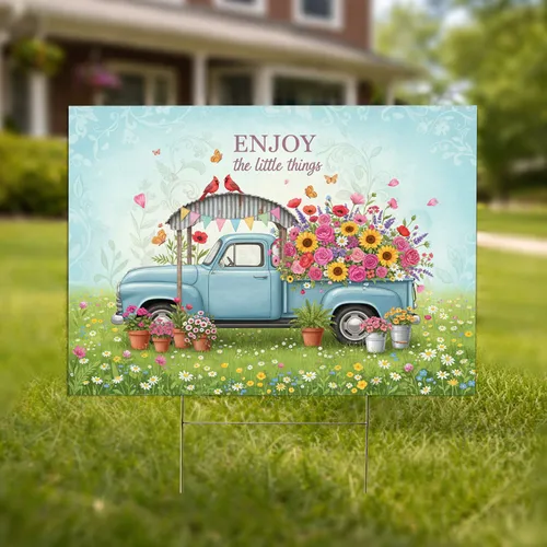 Vintage Pickup Truck Colorful Flowers Cardinals Butterflies - Enjoy Little Things Garden Decor Yard Sign