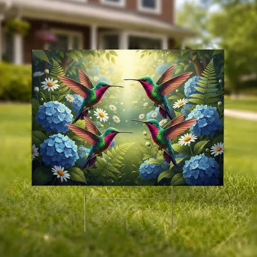 Iridescent Metallic Hummingbirds Blue Hydrangeas Lush Garden - Wildlife Lover Gift Yard Sign